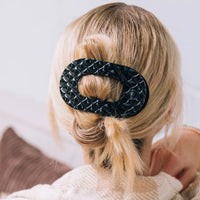Jet Black Quilted Large Flat Round Hair Clip
