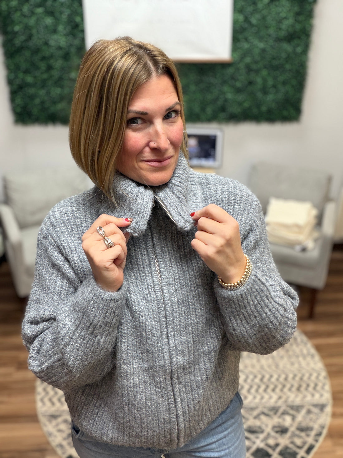 High Neck Full Zip Sweater - Heather Grey