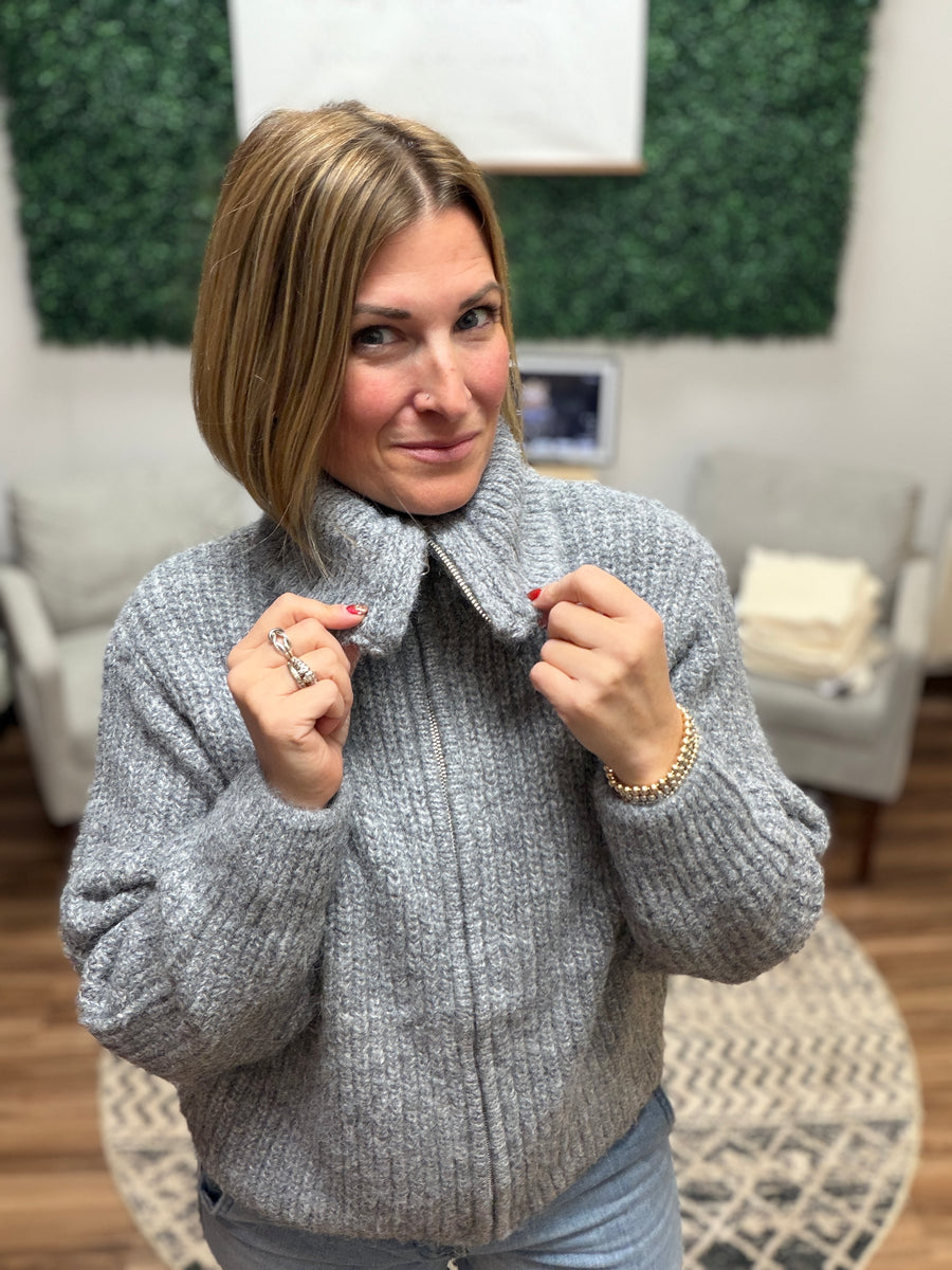 High Neck Full Zip Sweater - Heather Grey
