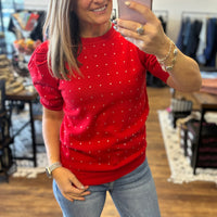 Rhinestone Detail Sweater Top with Puff Sleeves - Red