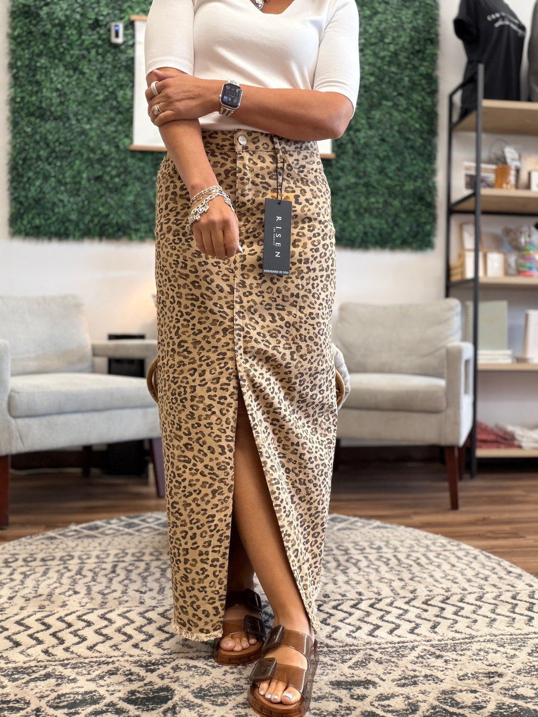 Risen - Leopard Print Denim Maxi Skirt