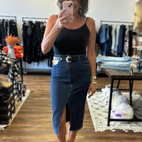 Risen - High Rise Denim Midi Skirt