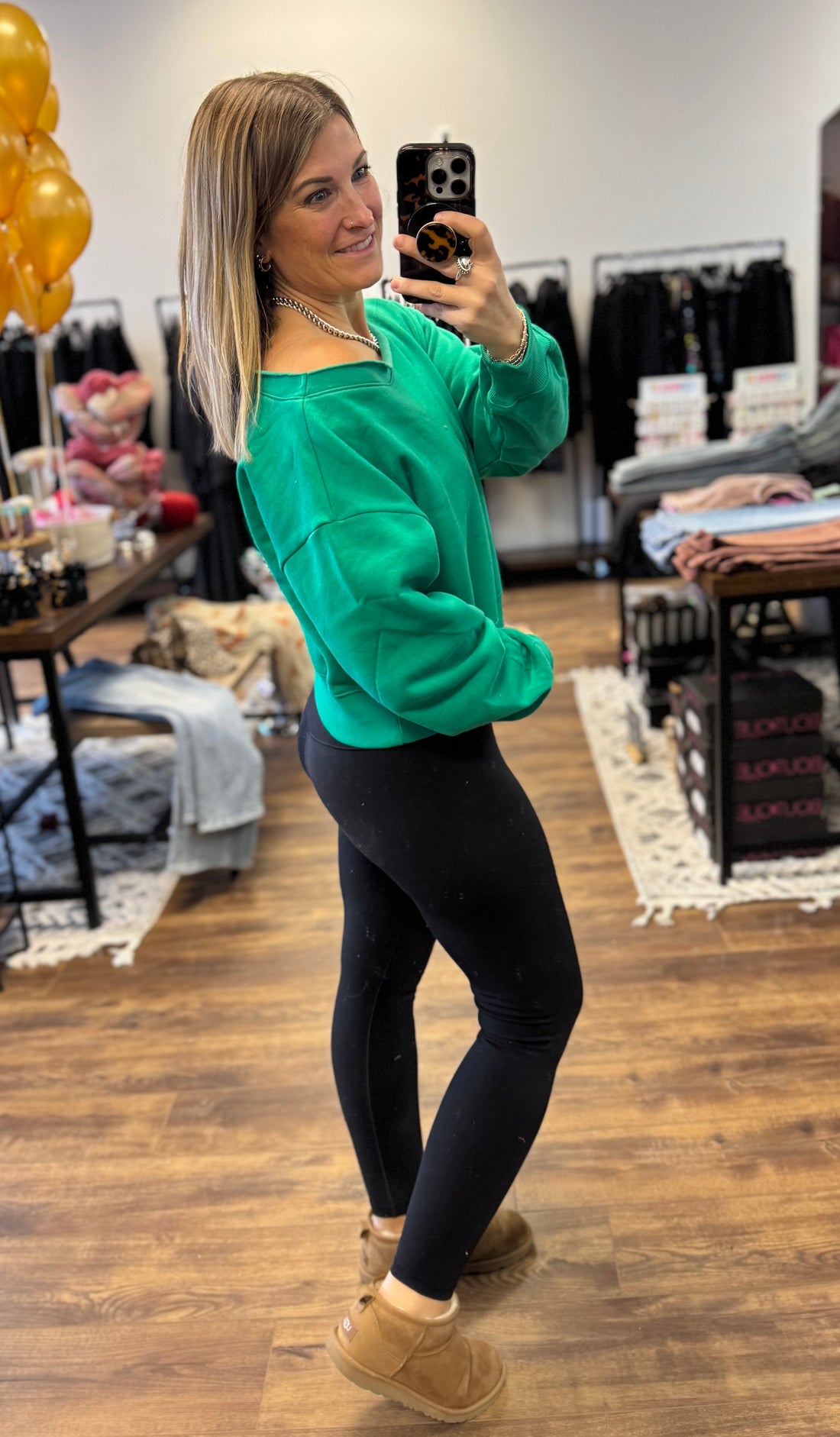 Fleece Off Shoulder Pullover - Kelly Green