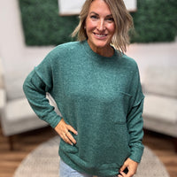 Brushed Melange Drop Shoulder Oversized Top - Dark Green