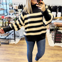 Striped Sweater with Balloon Sleeves - Black