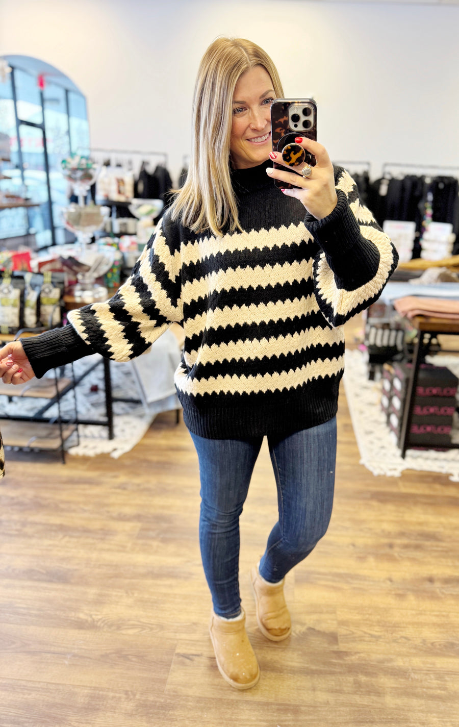 Striped Sweater with Balloon Sleeves - Black