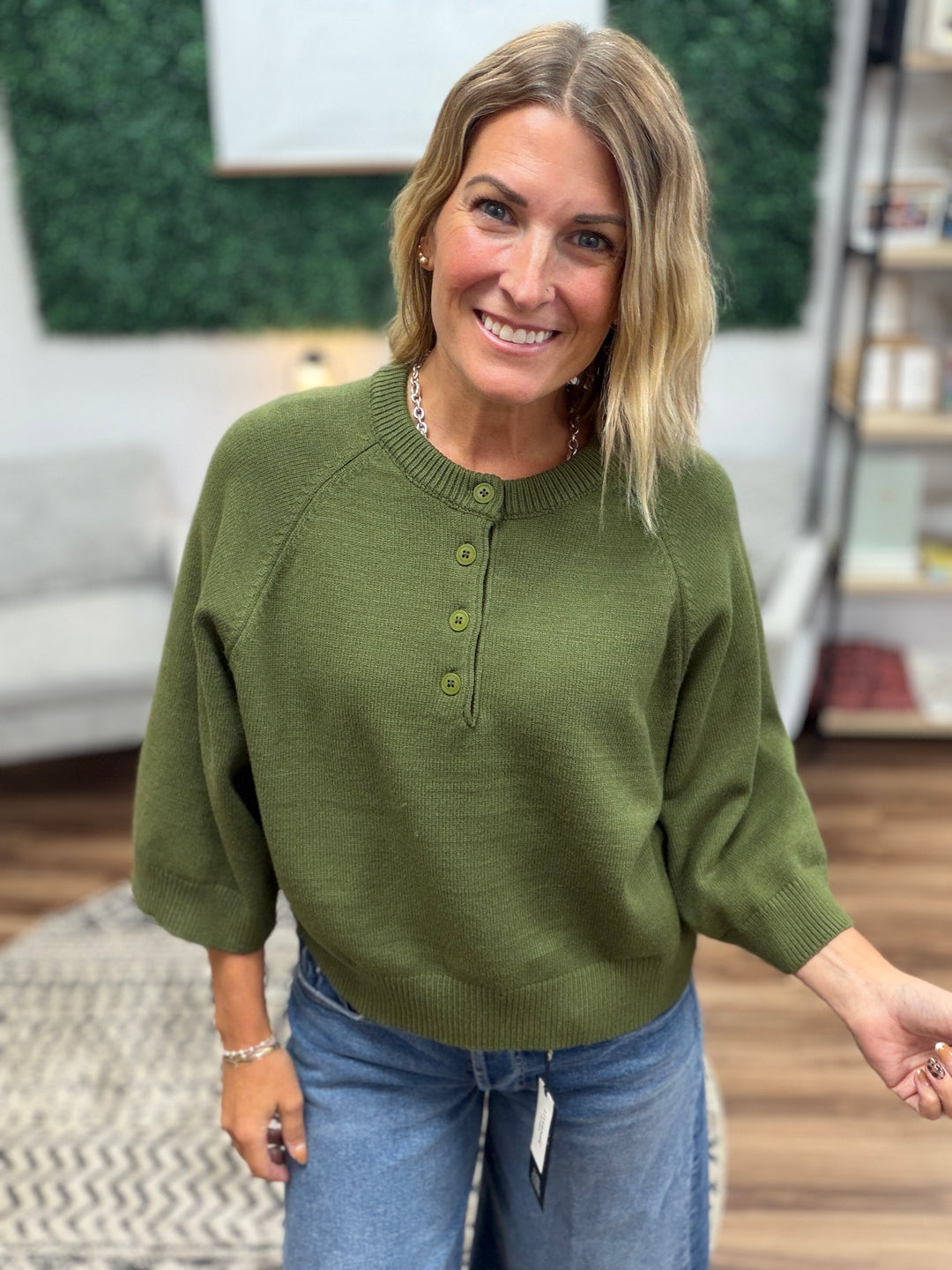 Buttoned Up Short Sleeve Sweater - Olive