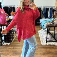 Brushed Melange Cowl Neck Poncho Pullover - Red