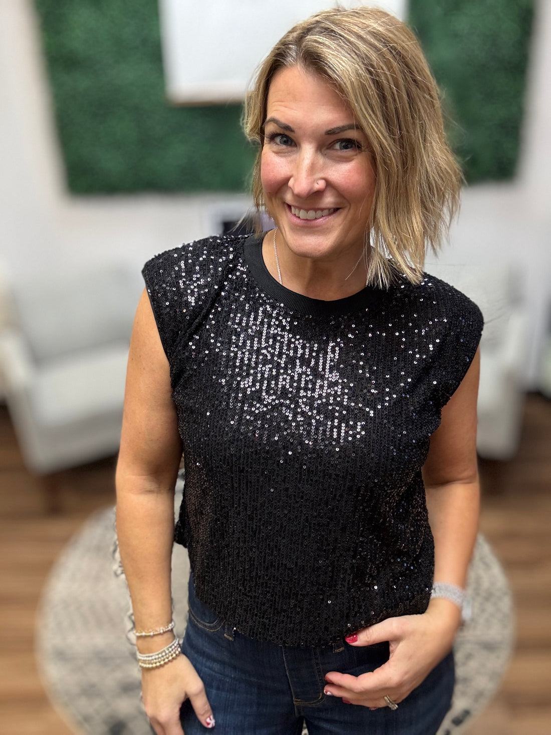 Sequin Bubble Muscle Tank - Black