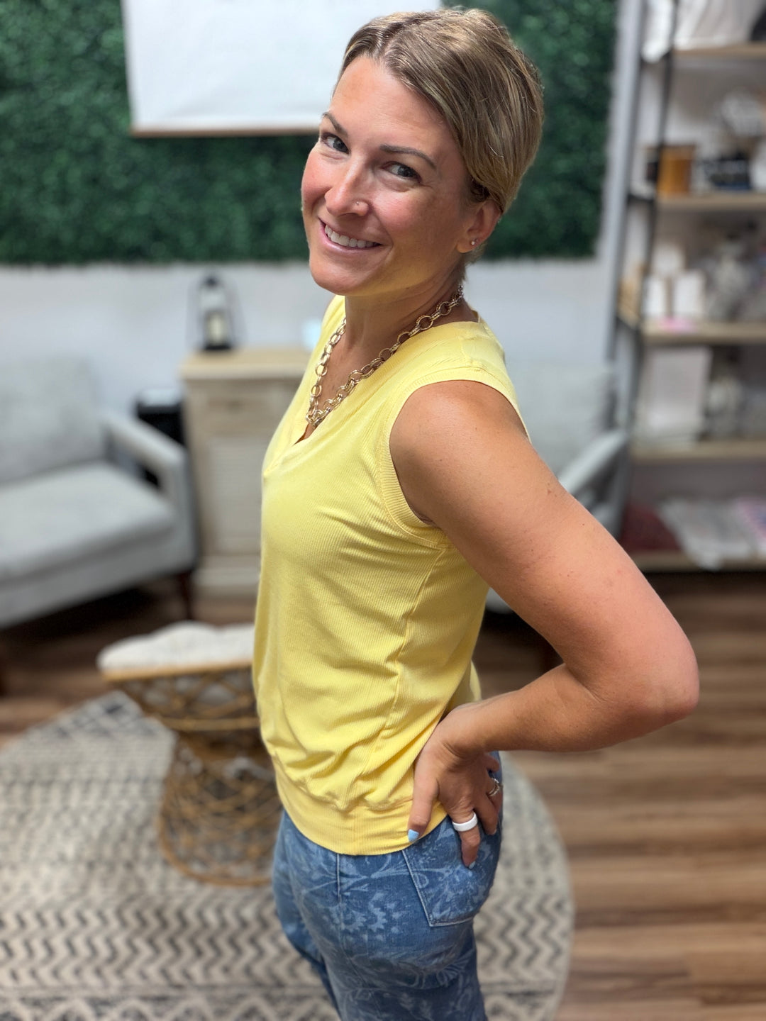 Luxe Air Ribbed V-Neck Tank - Yellow
