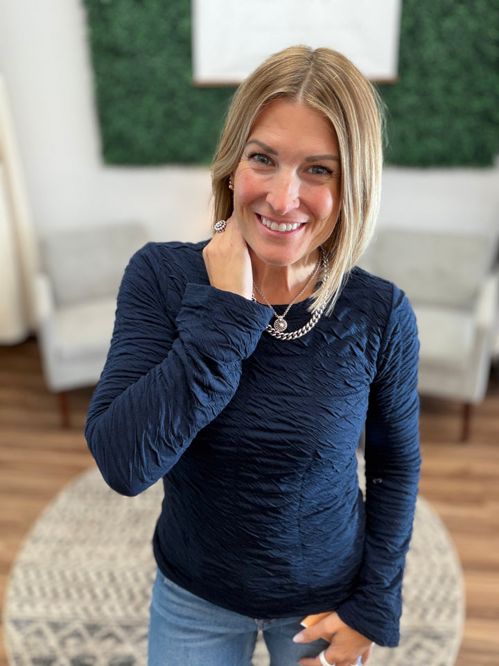 Liverpool - Long Flare Sleeve Crew Neck Knit Top - Navy