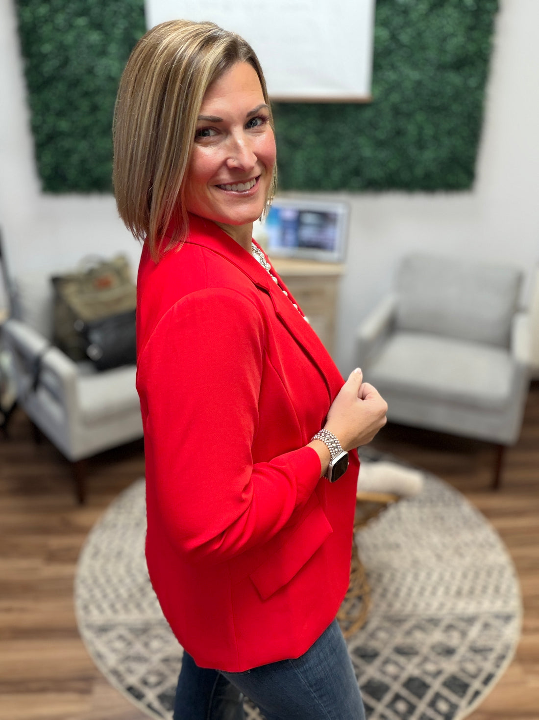 Eco-Friendly Recycled Poly Shirred Sleeve Blazer - True Red