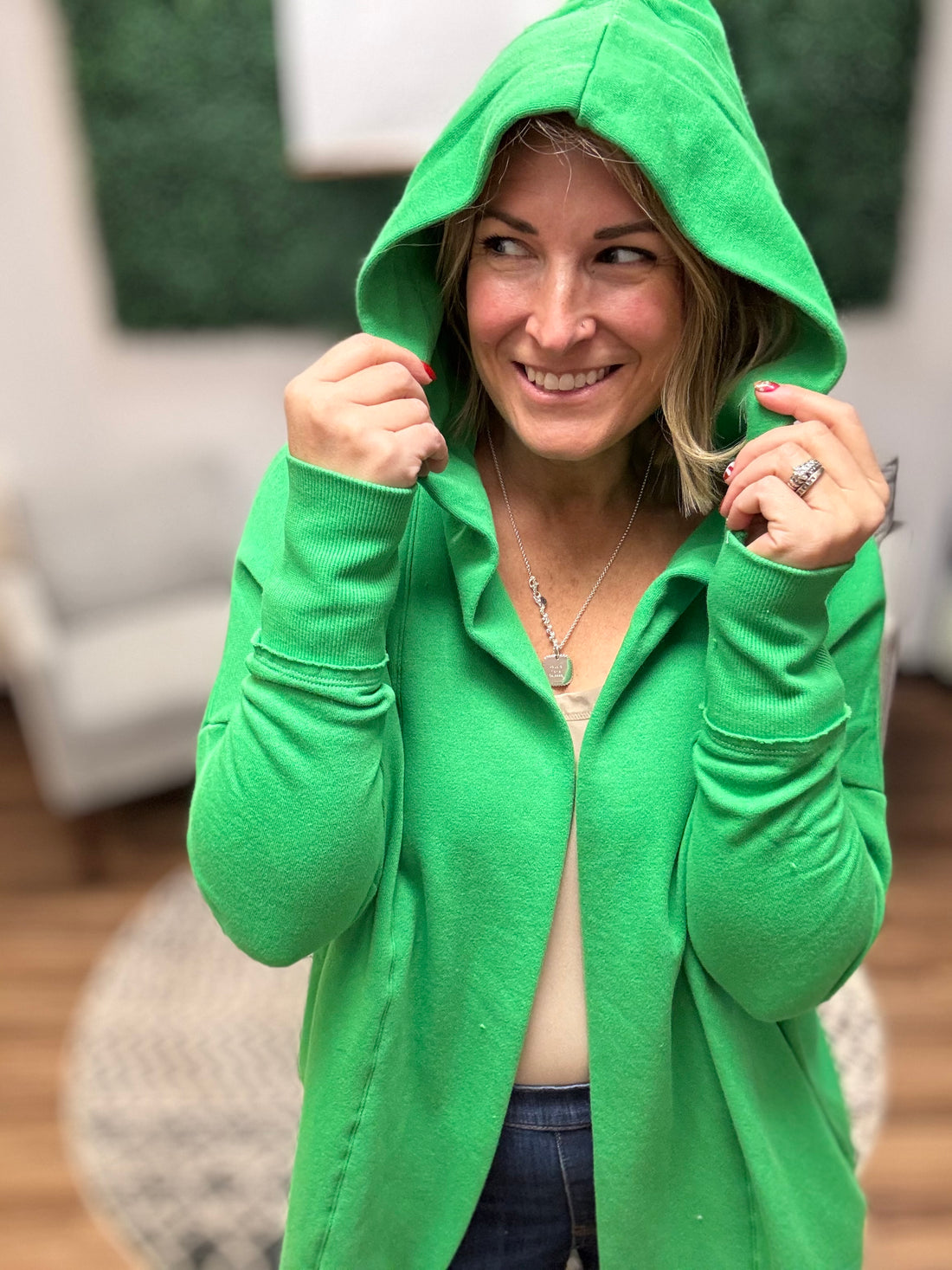 Open Front Longline Cardigan with Hoodie - Green Pop