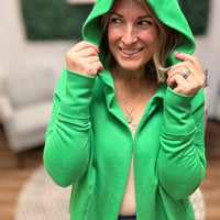 Open Front Longline Cardigan with Hoodie - Green Pop