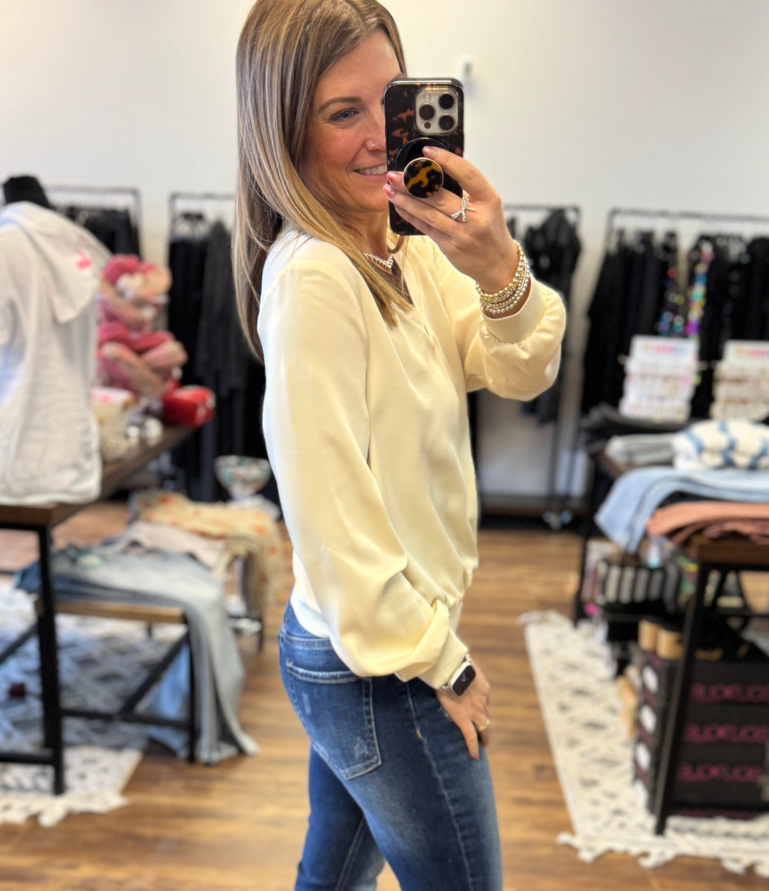 Lainey - Long Sleeve V Neck Sateen Pullover  - Cream