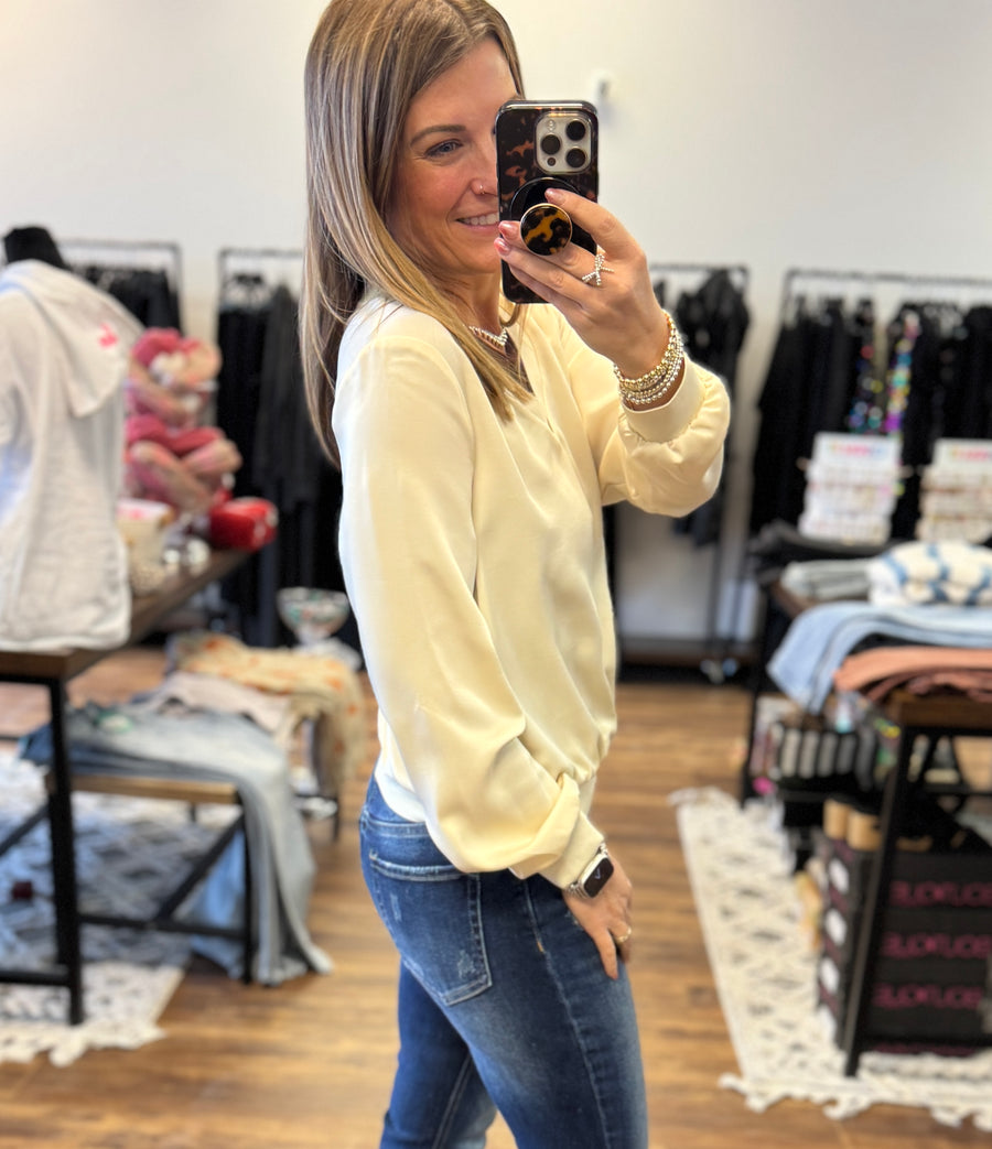 Lainey - Long Sleeve V Neck Sateen Pullover  - Cream