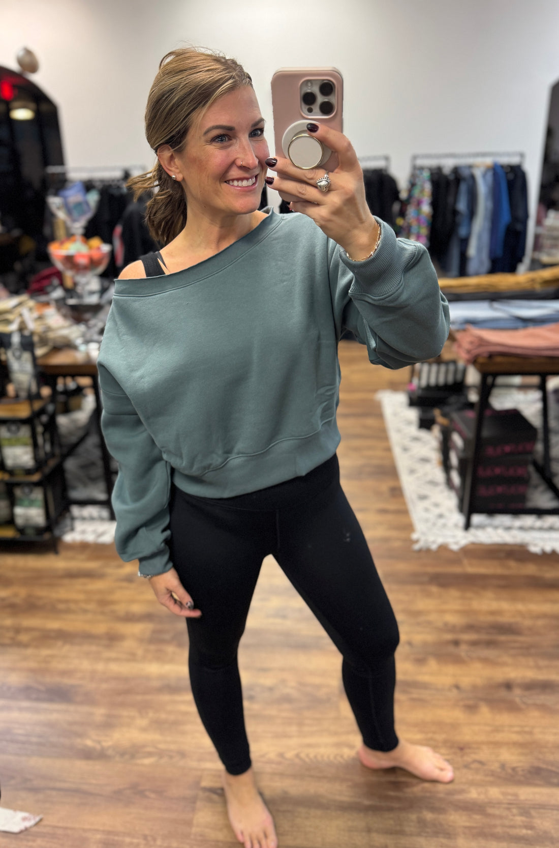 Fleece Off Shoulder Pullover - Ash Jade