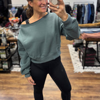 Fleece Off Shoulder Pullover - Ash Jade