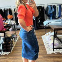 Risen - High Rise Denim Midi Skirt