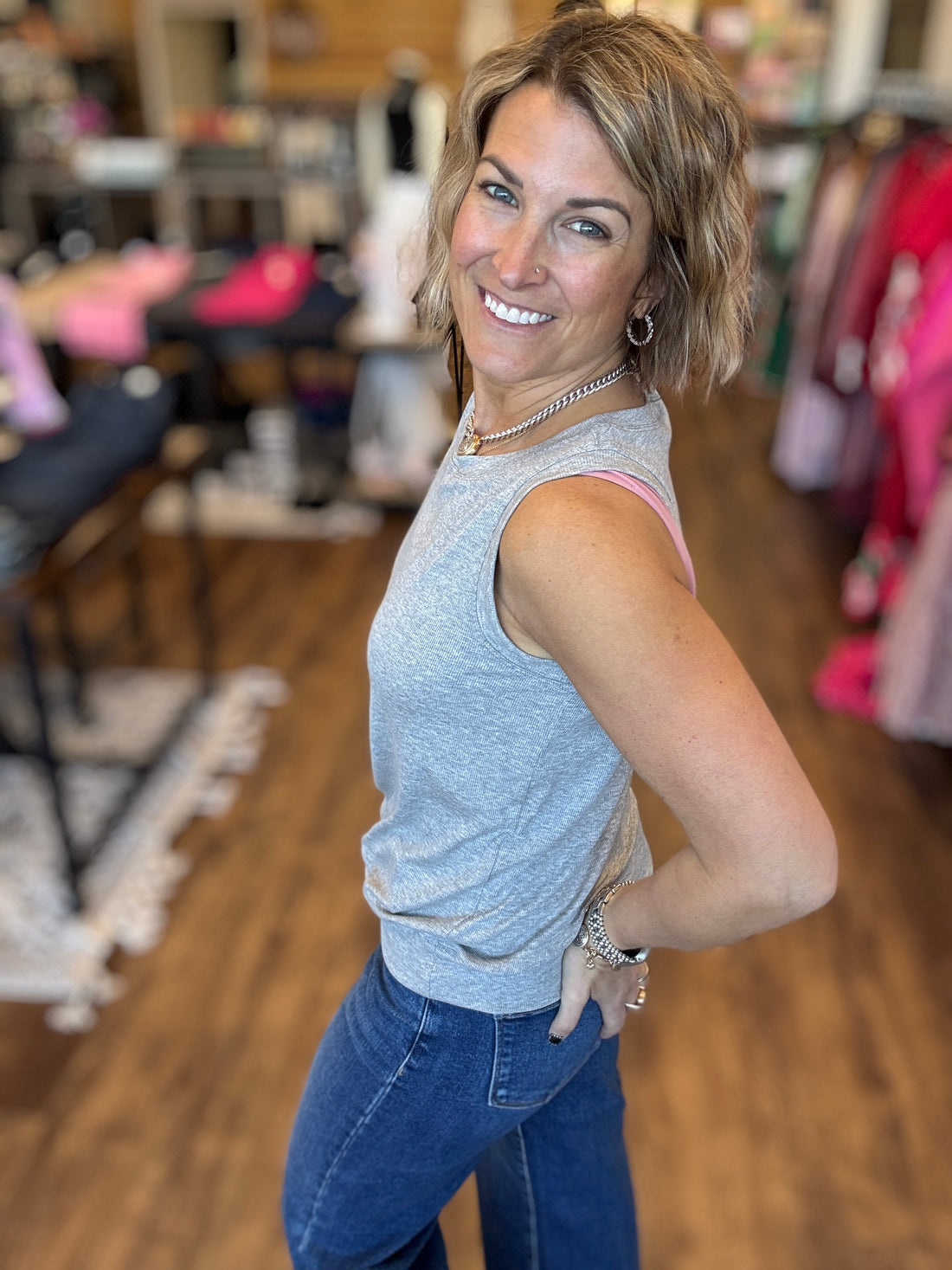 Ribbed Viscose Crew Neck Loose Fit Tank - Grey