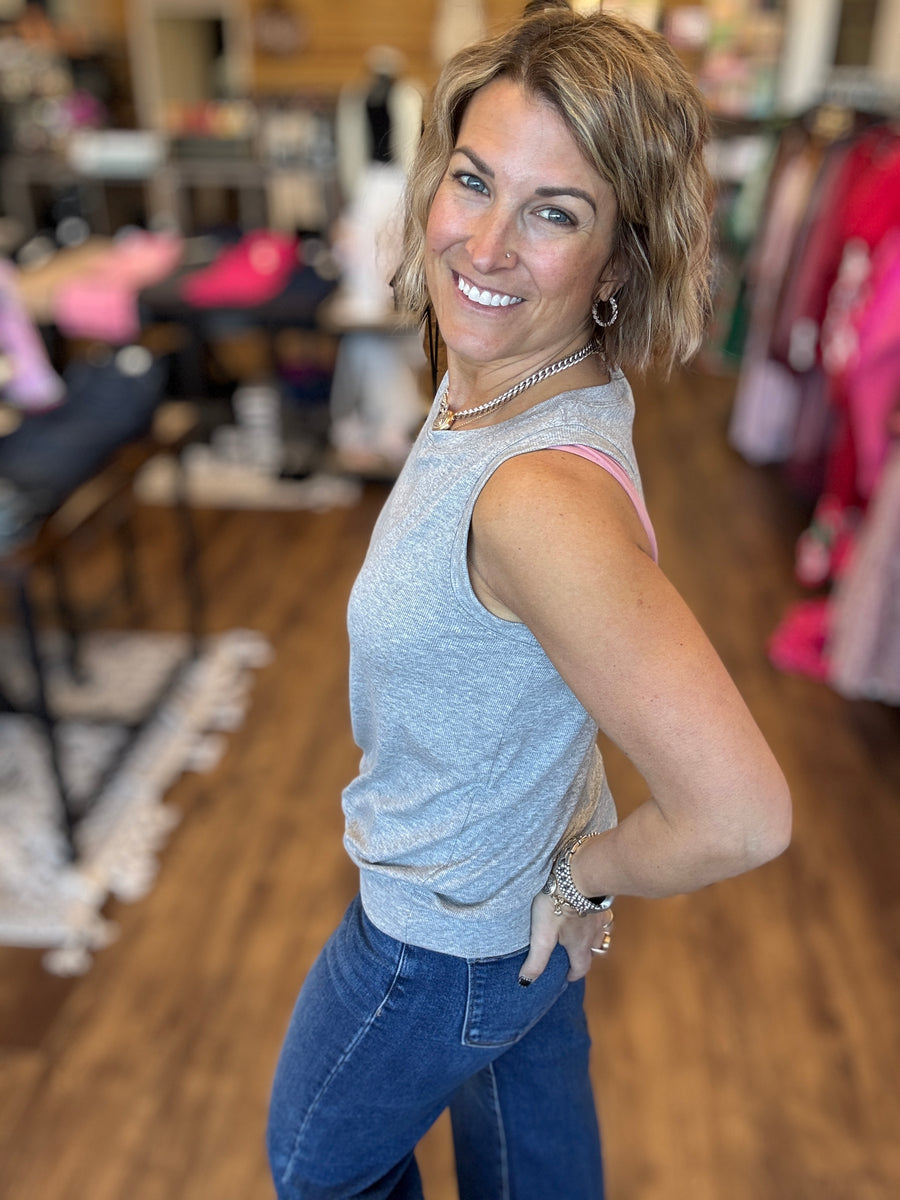 Ribbed Viscose Crew Neck Loose Fit Tank - Grey