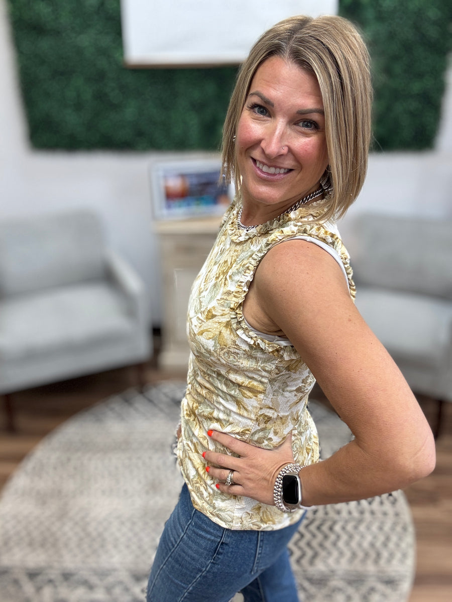 Floral Ribbed Tank with Ruffle Detail - Lemon/Sage