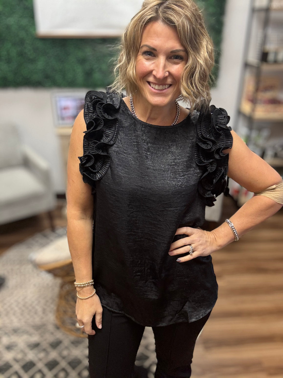 Pleated Ruffle Trim Metallic Top - Black