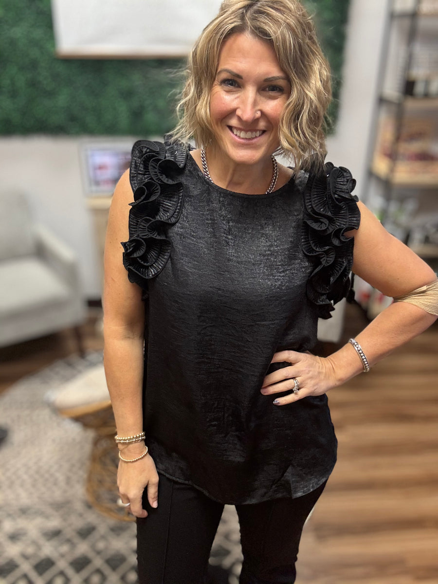 Pleated Ruffle Trim Metallic Top - Black