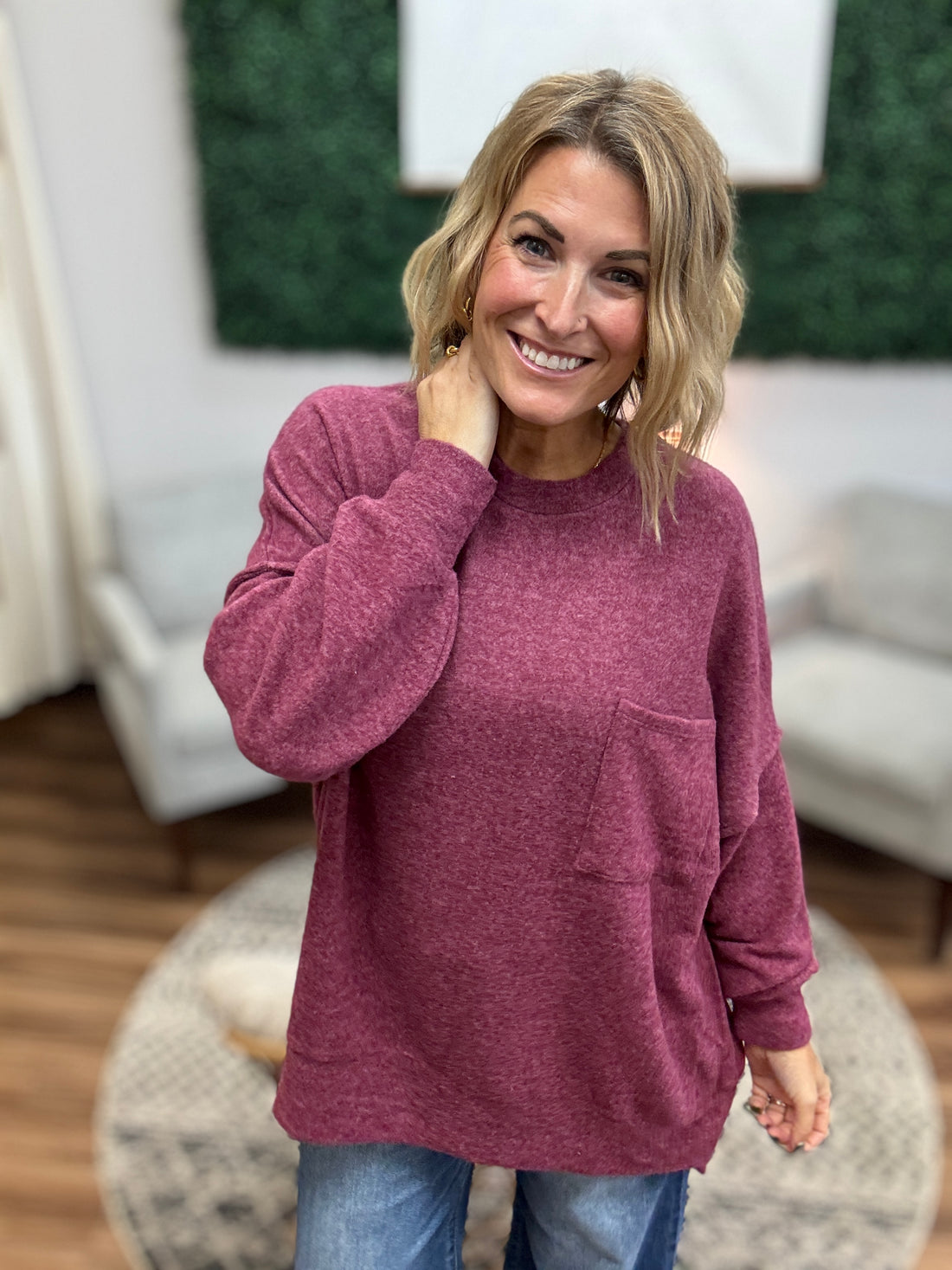 Brushed Melange Drop Shoulder Oversized Top - Eggplant