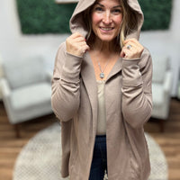 Open Front Longline Cardigan with Hoodie - Taupe