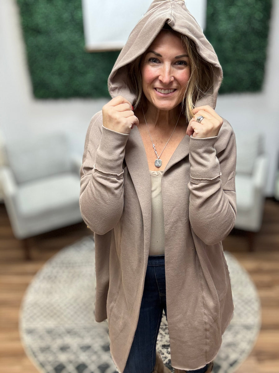 Open Front Longline Cardigan with Hoodie - Taupe