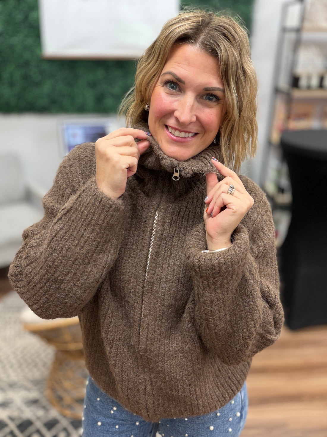 High Neck Full Zip Sweater - Brown