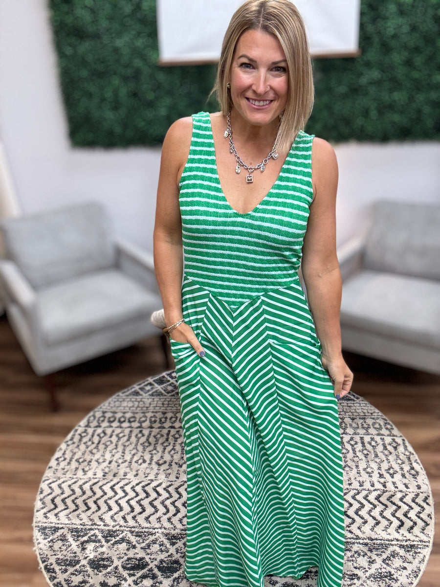 Luciana Striped Tank Dress - Green/White