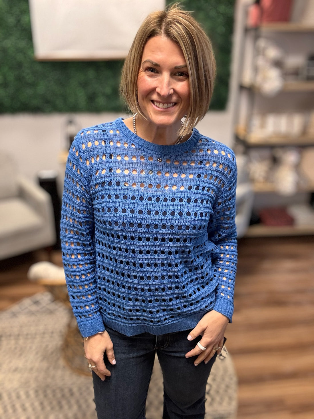 Round Neck Open Gauge Sweater - Blue