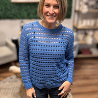 Round Neck Open Gauge Sweater - Blue