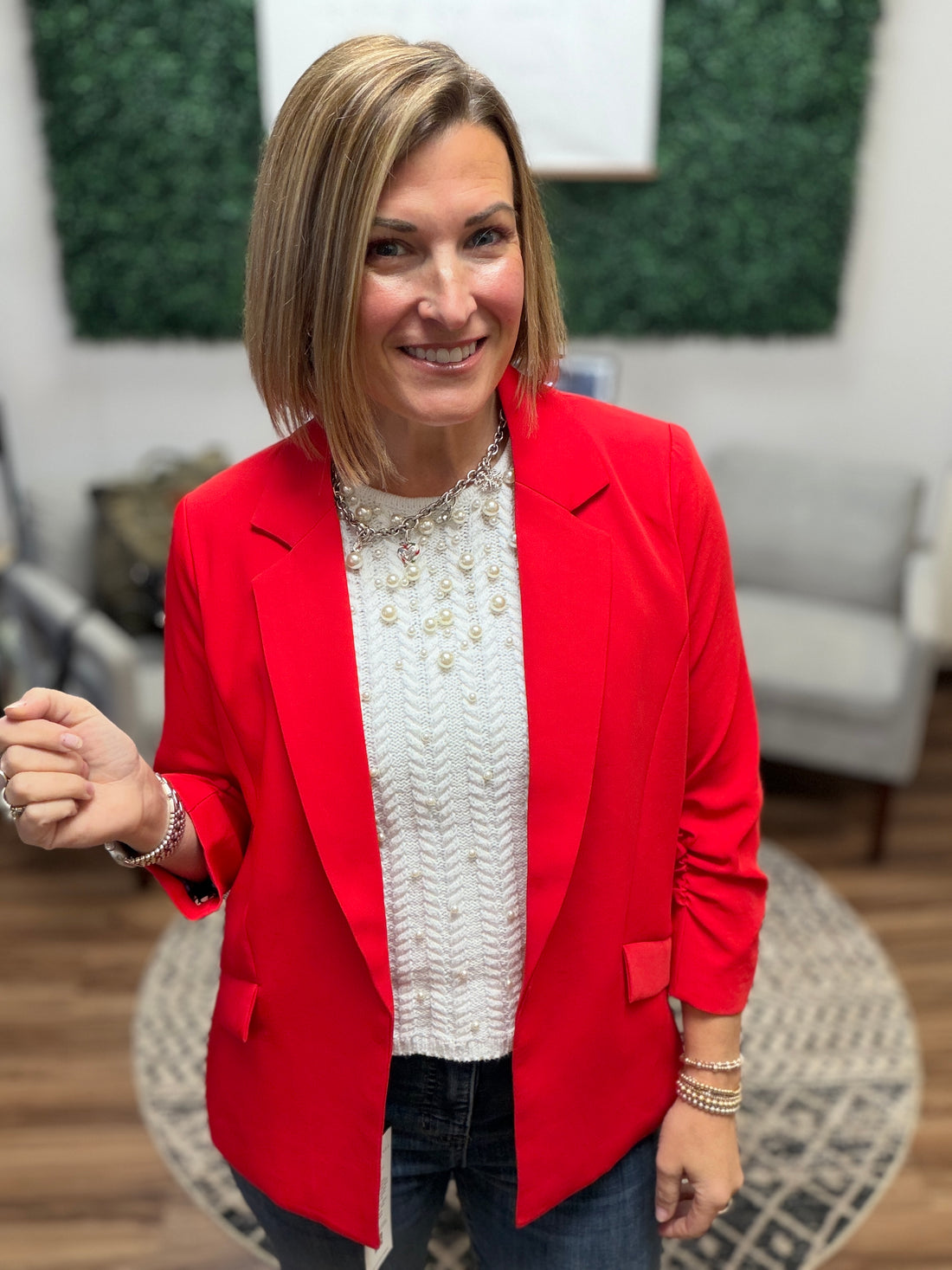 Eco-Friendly Recycled Poly Shirred Sleeve Blazer - True Red