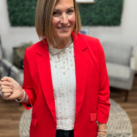 Eco-Friendly Recycled Poly Shirred Sleeve Blazer - True Red