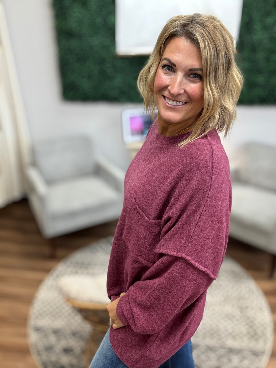 Brushed Melange Drop Shoulder Oversized Top - Eggplant