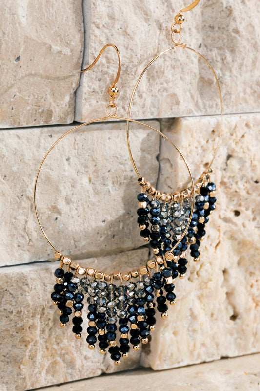 Beaded Tassel and Ring Earrings - Black