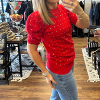 Rhinestone Detail Sweater Top with Puff Sleeves - Red