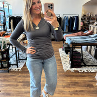 Microfiber V-Neck Long Sleeve Tee - Ash Gray