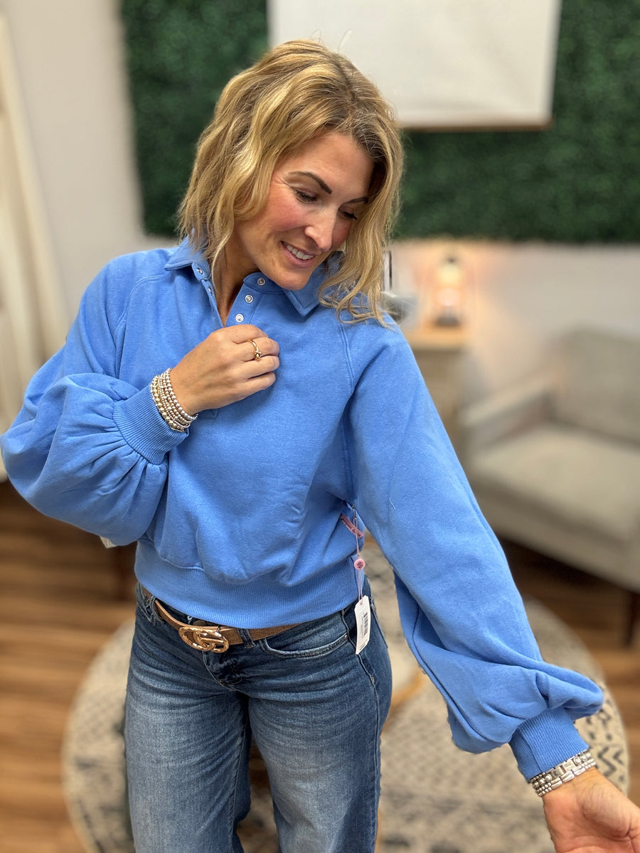 Balloon Sleeve Snap Polo - Marine Blue