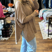 Brushed Melange Cowl Neck Poncho Pullover - Mocha