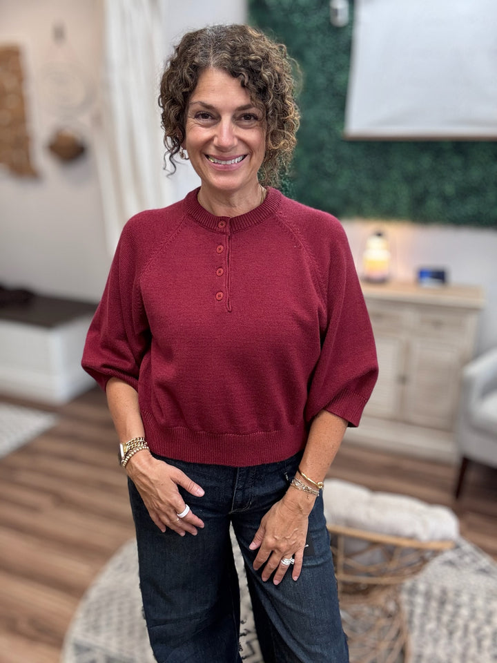 Buttoned Up Short Sleeve Sweater - Burgundy