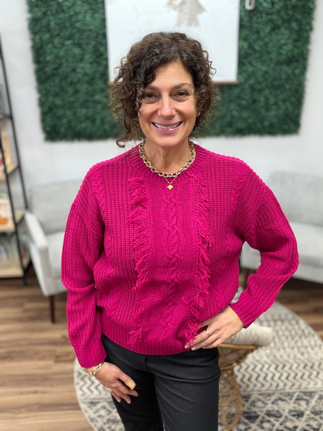 Liverpool - Long Sleeve Crew Neck Sweater with Fringe - Raspberry