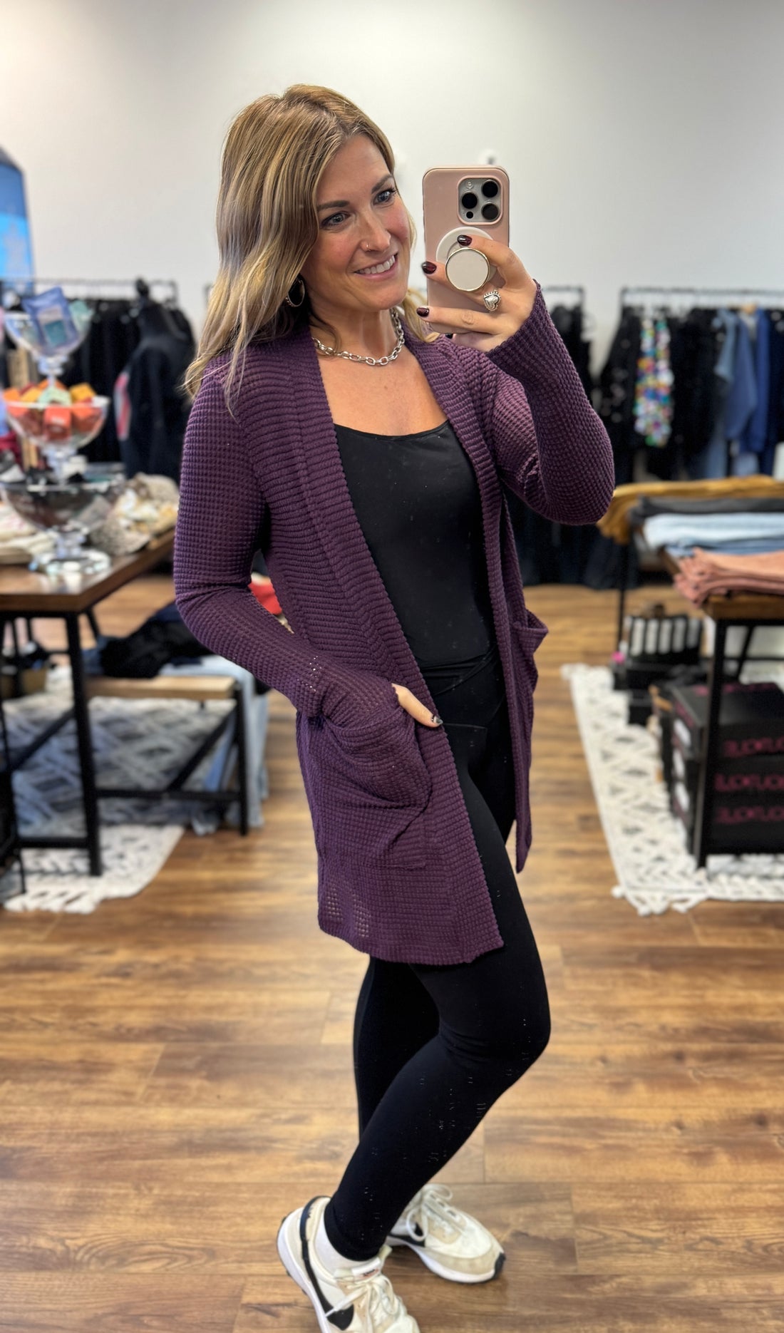 Lola Waffle Knit Cardigan with Thumbholes - Plum