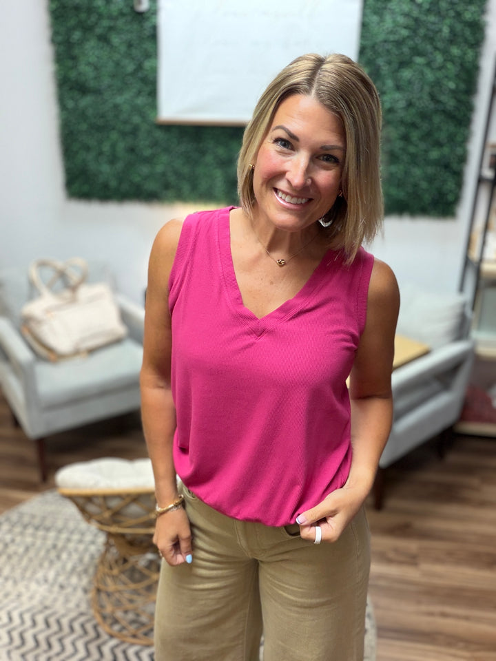 Luxe Air Ribbed V-Neck Tank - Berry