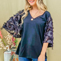 Fiona - Feather Sleeve Slub V-Neck Top