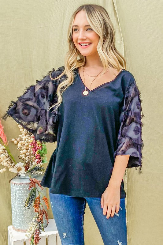 Fiona - Feather Sleeve Slub V-Neck Top