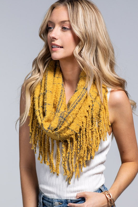 Plaid Infinity Knit Scarf - Mustard